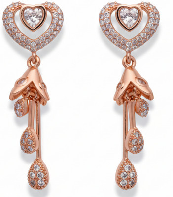forevershine Golden Plated CZ Heart Stud Dangle Drop Earrings | Long Jhumki Style Alloy Jhumki Earring