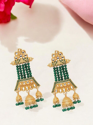 ANOUK Green Gold-Plated Lightweight Enamelled Kundan Classic Jhumkas Alloy Jhumki Earring