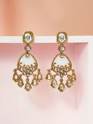 RUBANS 22K Gold-Plated White Kundan Studded Lattice Floral Chandelier Earrings Brass Drops & Danglers