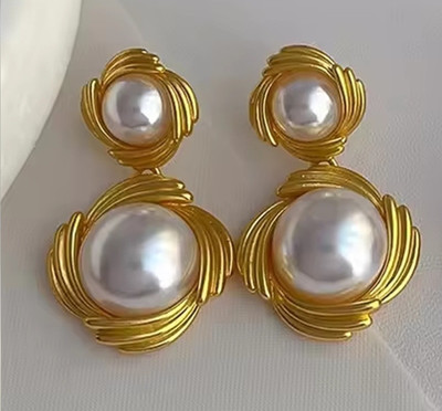 Heer Collection Round Natural Ancient Pearl Geometric Luxury High-End Earrings for Women Girl Stainless Steel Stud Earring