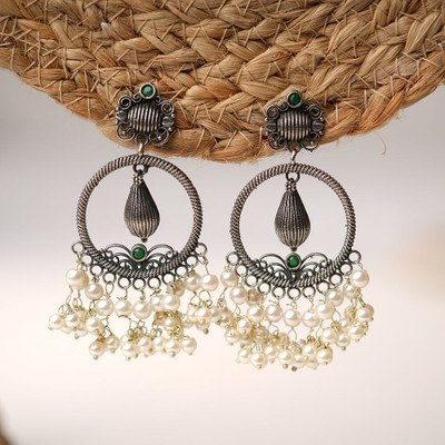 Sanseeta Ghoomar- Silver Brass Pearl dangler earrings(Green) Zircon Brass Drops & Danglers
