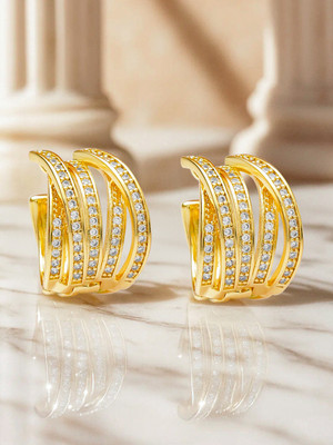 RUBANS 18K Gold-Plated Wave Design Hoop Earrings with Cubic Zirconia Detailing Brass Hoop Earring