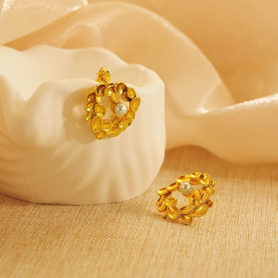 vien Trendy 18K Pearl Leaves Leaf Elegant Style Earrings Jewelry for Women Girl Pearl Stainless Steel Stud Earring