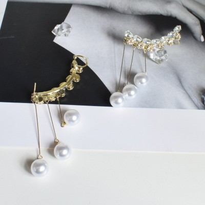 polluxcraft Korean White Pearl Tassels Crystal Studded Ear Cuff Drop Earrings Pearl Alloy Drops & Danglers