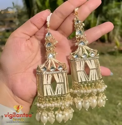 Vigilantee Jewels Temple Style Trending Kundan Gold plated Chandbali Wedding Pearl Beads Earrings Beads, Moonstone, White Zircon, Pearl, Quartz, Ruby Brass Chandbali Earring, Drops & Danglers, Earring Set, Rhinestone Studs, Tassel Earring