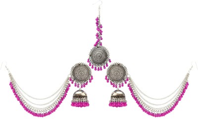 RazzCreations Unique Antique & Beautiful Pink Bahubali Earring Jewellery Set Afgani Assam Kashmiri Tribal Jhumka Earring with Maang-Tikka Set Party Wedding Wear Earring For Girls & Women Agate Alloy Jhumki Earring, Earring Set, Drops & Danglers