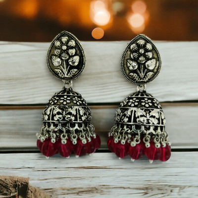 Opal Touch Exquisite Oxidized Jhumkas with delicate Hanging Moti Cubic Zirconia Brass Jhumki Earring