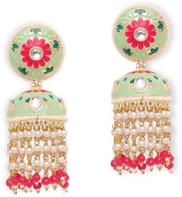 fabula Mint Green & Pink Meenakari Kundan Pearls Floral Long Ethnic Jhumka Earring Beads, Crystal Alloy Jhumki Earring