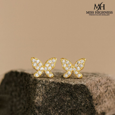 Miss Highness 925 Silver Gold Plated Butterfly Drop Earrings – Jewelry Gift for Women & Girls, Cubic Zirconia Sterling Silver Earring Set, Clip-on Earring