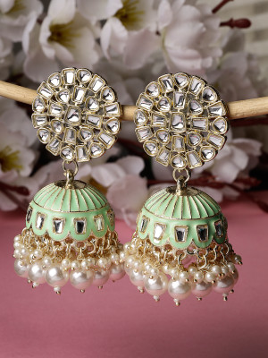 Studio Sukkhi Eye-Catchy Gold Plated Kundan With Meenakari Mint Green Jhumka/Jhumki Earrings Alloy Jhumki Earring