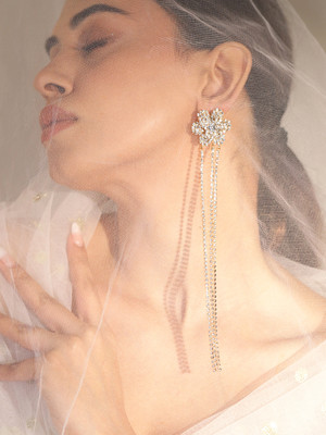 RUBANS Rubans Gold Plated Cubic Zirconia Studded Floral Long Drop Earrings Cubic Zirconia Brass Drops & Danglers