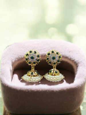 Rekha Jewellery Petal Crown Dome Green & White Diamond, Pearl Copper Jhumki Earring