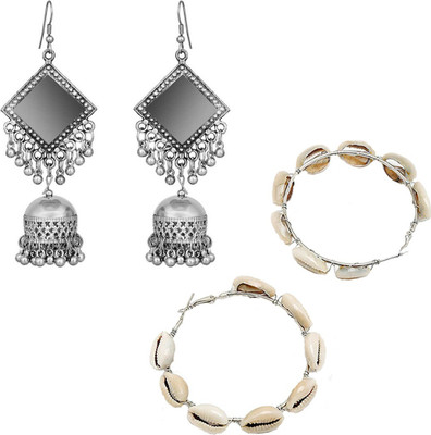 house of common Pack of 2 Sea Shell Hoop and Silver Square Mirror Beads Jhumki Alloy Hoop Earring
