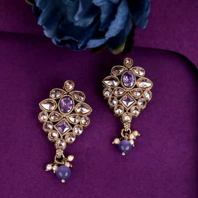 Saloni Fashion Jewellery Flower Shape Purple Kundan Stone Pearl Gold Plated Dangle Earring For Women Cubic Zirconia Alloy Drops & Danglers