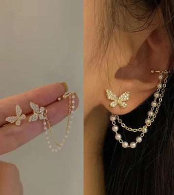 VIDIMO Butterfly Charm Chain Earrings with Pearls Cubic Zirconia Brass, Alloy Cuff Earring, Stud Earring
