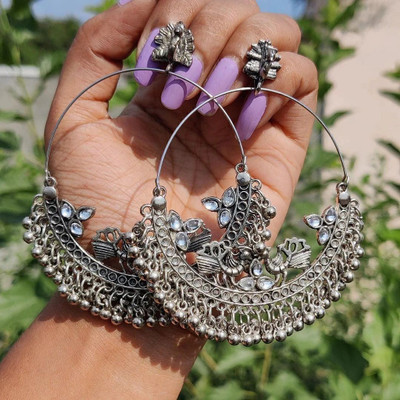 ISLANA Oxidised Silver Peacock Chandbali Earrings for Women and Girls. Alloy Chandbali Earring