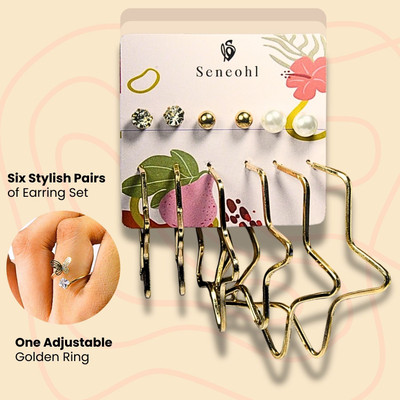 srintana Six-Pair Wavy Hoop & Stud Earring Set with Pearl & One Adjustable Golden Ring Beads Alloy Earring Set