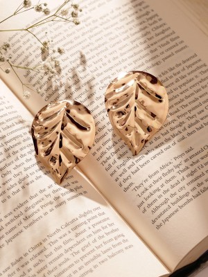 Priyaasi Leaf Pattern Gold Plated Contemporary Stud Earrings Brass Stud Earring