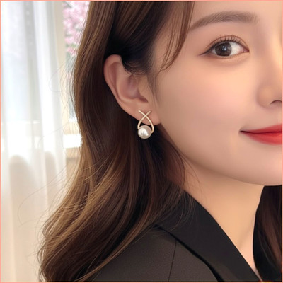 JDENTERPRISES Korean Studded Cross Big White Pearl Drop Earrings For Women/Girls Cubic Zirconia Alloy Drops & Danglers