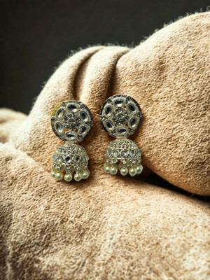 DAZZLE Traditional Ethnic Studded Gold Plated Big Oxidize For Girl Pearl Alloy Jhumki Earring