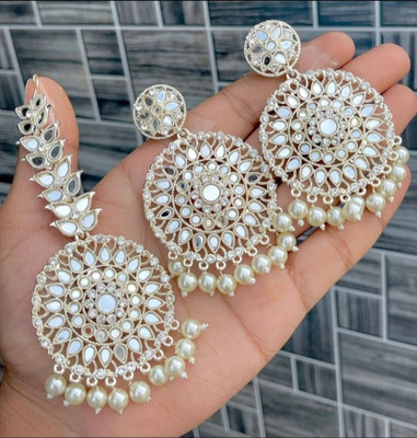jalaram mirror crystal earrings and mangtikka Alloy Chandbali Earring, Clip-on Earring