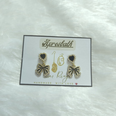 Apresbath Apresbath Gold-Tone Bow Earrings with Black Heart & Pearl Elegant Dangle Brass Drops & Danglers