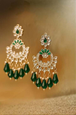 desi drapes Traditional Kundan & Pearl Green Stone Chandelier Earrings for Women Beads Metal Earring Set