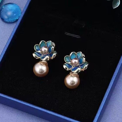 Aylana Teal Flower With Pearl Stud Korean Earings Pearl Alloy Drops & Danglers, Stud Earring