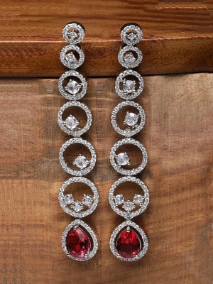 ZENEME Silver Tone Red & White American Diamond studded Circular Shaped Drop Earrings Cubic Zirconia Brass Drops & Danglers