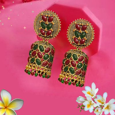 Jewelica Traditional Antique Gold-Plated Green & Maroon Jhumka Earrings for Women & Girls Pearl Copper Jhumki Earring