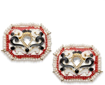 Oomph White & Red Meenakari Enamel Stud Earrings - Rectangle Indo-Western Design Beads, Crystal Alloy Stud Earring