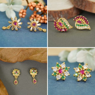 RAMDEV ART FASHION JEWELLERY Radiant Glow Combo of 4 with 22K Gold-Plated Studs Diamond Brass Earring Set