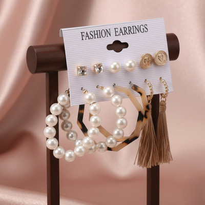 TVI Combo of 6 Pair Golden Coin Stud/Tassel Drop/Pearl Hoop Earrings For Women/Girls Pearl Alloy Hoop Earring