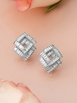 RUBANS Rhodium-Plated Baguette Cubic Zirconia Diamond-Shaped Stud Earrings Brass Stud Earring