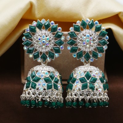 Antico White Gold Platted Diamond Jhumka Earrings for Girls and Women.(GREEN) Diamond, Beads Alloy Jhumki Earring, Drops & Danglers, Chandbali Earring