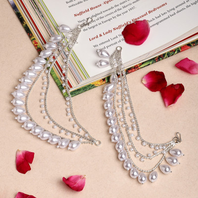 ZENEME Oxidised-Plated Drop White Pearl Clip On Earrings Alloy Hoop Earring