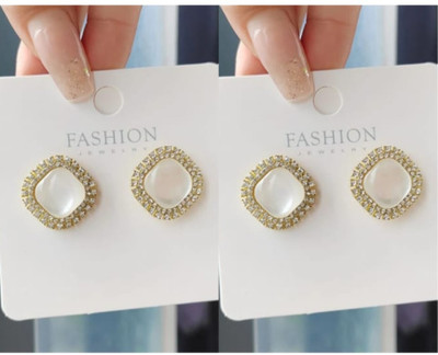 RISHASTYLE Shine white earrings combo of Two Zircon Alloy Stud Earring