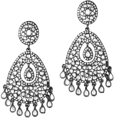 fabula Black Silver Tone Jadau Kundan Large Ethnic Drop Beads, Crystal Alloy Drops & Danglers