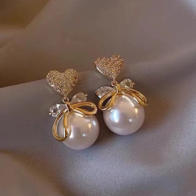 AJS AJS Korean White Pearl Studded Bow Heart Drop Earrings For Girls And Women Pearl Stainless Steel Cuff Earring