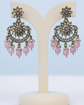 Fashion Didi Korean Style Pink Stone & Kundan Floral Drop Earrings Alloy Chandbali Earring