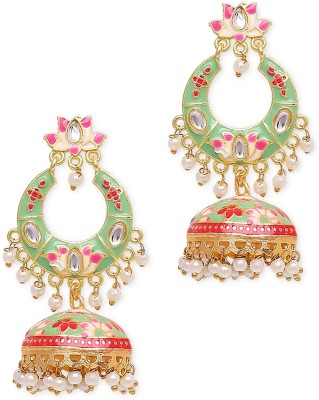 fabula Mint Green Meenakari Chandbali Jhumka Earrings - Kundan & Beads in Floral Beads, Crystal Alloy Jhumki Earring