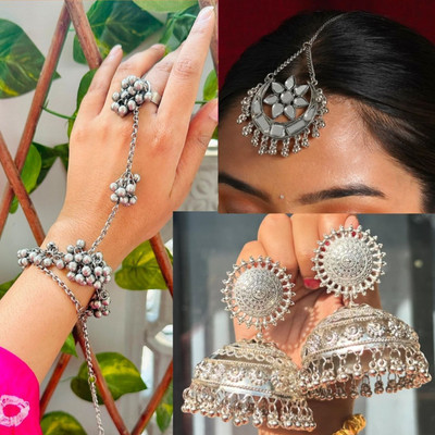 Ashir Combo of 3 Jhumka, Mang tikka, Cuff Bracelet Bangles for Women and Girls Alloy Jhumki Earring