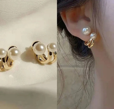 GTSE Korean Double Sided Pearl Earrings for Women & Girls – Gold Plated Pearl Alloy Earring Set