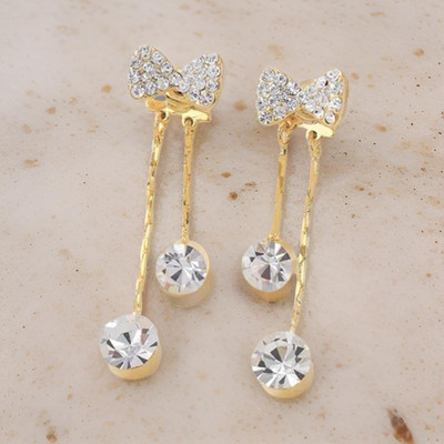 Vembley Stylish Korean Studded Bow Shiny Drop Earrings For Females Alloy Drops & Danglers