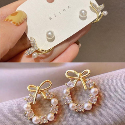 eloria Combo of 2 Korean Earrings For Girls, Women, Earring Set, Stud Earring Diamond, Crystal Alloy Plug Earring, Stud Earring, Earring Set