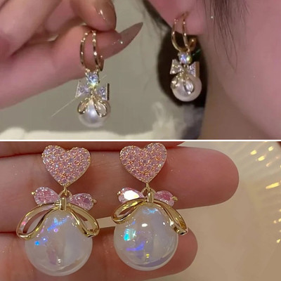 estailo fashion Pink Pearl Bow Charm Earrings Alloy Earring Set
