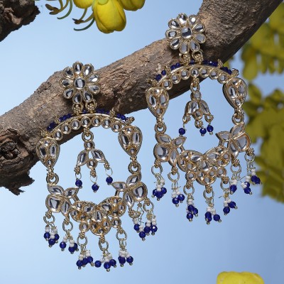 ZENEME Navy Blue Pearls & Kundan studded Floral Shaped Chandelier Drop Earrings Pearl Brass Drops & Danglers
