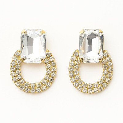 ONLINE_ESHOP Online_Eshop White Topaz Stone Gold-Plated Oval Design Crystal Brass Stud Earring