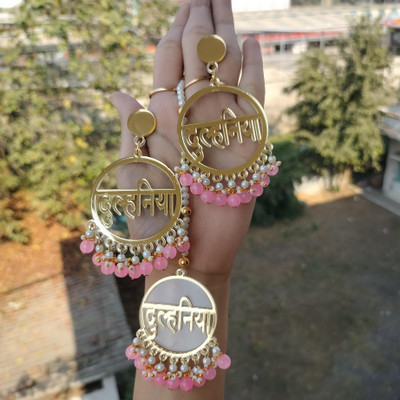 SilvAura Transparent Earrings mangtika set , dulhaniya text pink brads for haldi mehndii Acrylic Earring Set