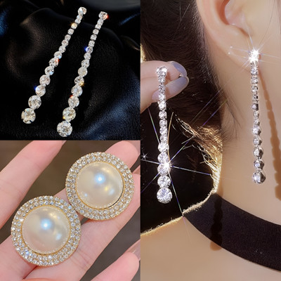 BLINGEE Korean Earrings Combo For Women Girls Long Big Pearl Stylish Trending Trendy Pearl, Crystal, Cubic Zirconia, Diamond Alloy Earring Set, Stud Earring, Drops & Danglers